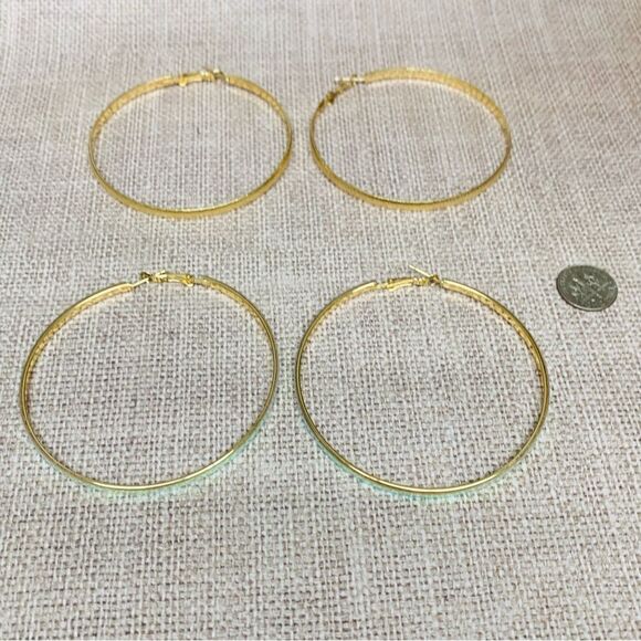 Gold 2.5 in Hoop Earrings 2 pair - Picture 1 of 3
